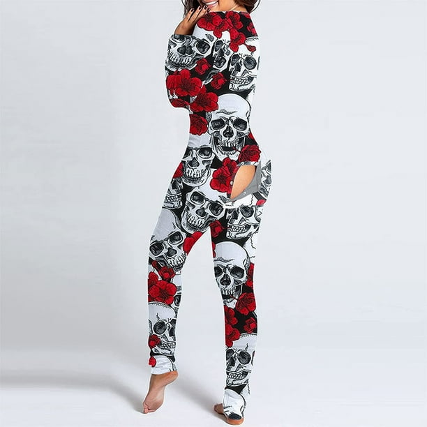 Women Jumpsuit Pajamas Halloween Onesie Sleepwear with Back Functional Buttoned Flap Adult Sleepwear Romper Jumpsuit